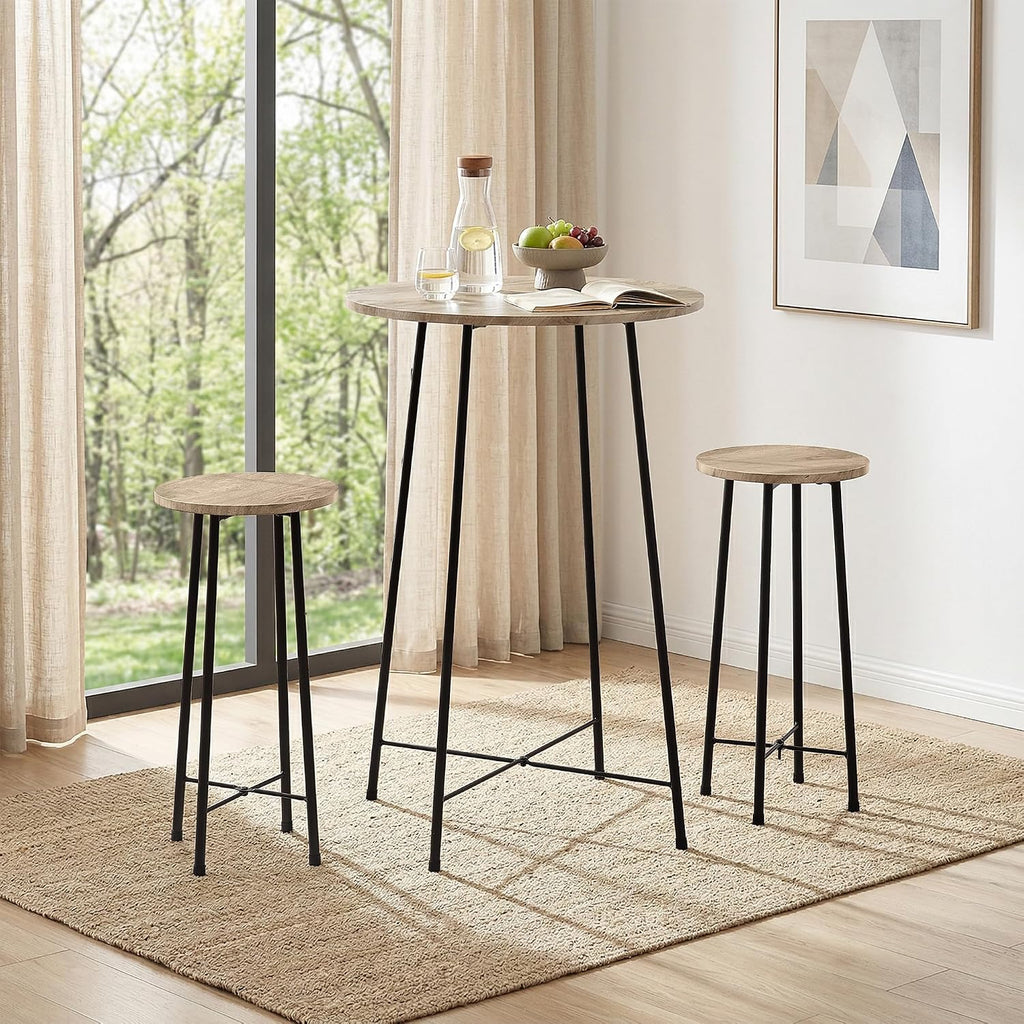 VECELO 3 Piece Pub Table and Chairs Sets Counter Height Bistro Bar Sets with 2 Barstools for Kitchen Breakfast Nook, Small Space, Apartment, Breakfast Dinner Restaurant, Maple