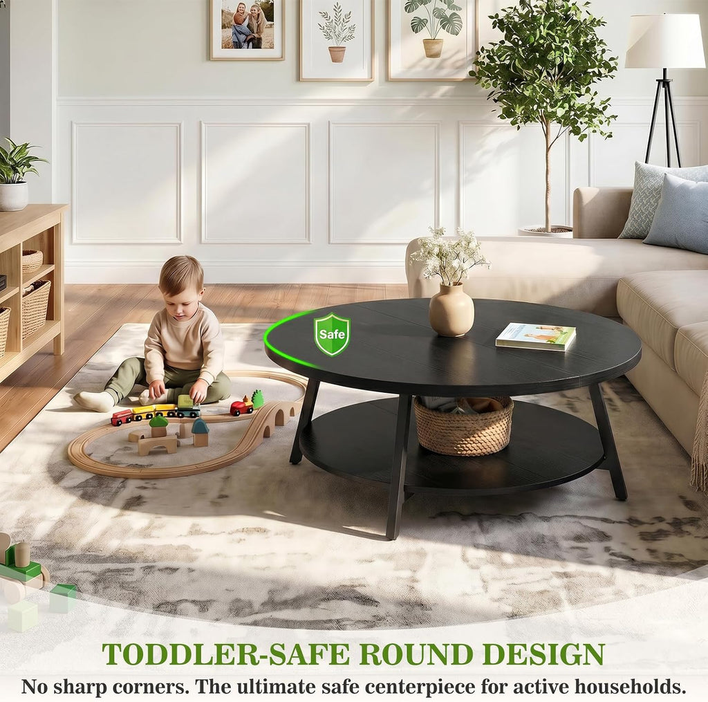 Armocity 35.4" Round Wood Coffee Table with 2-Tier Storage, 1" Thick Top