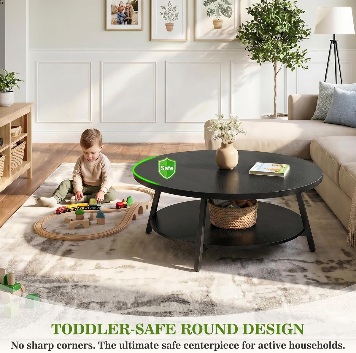 Armocity 35.4" Round Wood Coffee Table with 2-Tier Storage, 1" Thick Top