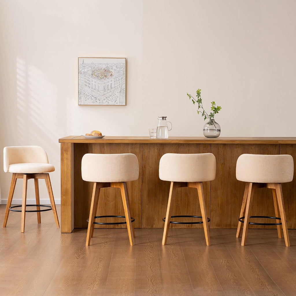 EYYTHUNG 26" Counter Height Bar Stools Set of 2 Mid Century Modern Farmhouse Swivel Barstools Chenille Fabric Upholstered Bar Height Island Chairs with Curved Backrest for Kitchen Island, Beige