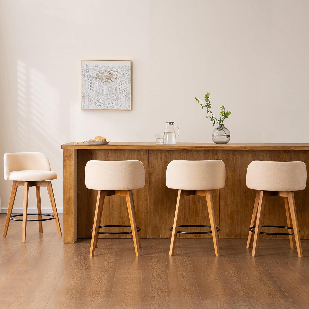 EYYTHUNG 26" Counter Height Bar Stools Set of 2 Mid Century Modern Farmhouse Swivel Barstools Chenille Fabric Upholstered Bar Height Island Chairs with Curved Backrest for Kitchen Island, Beige