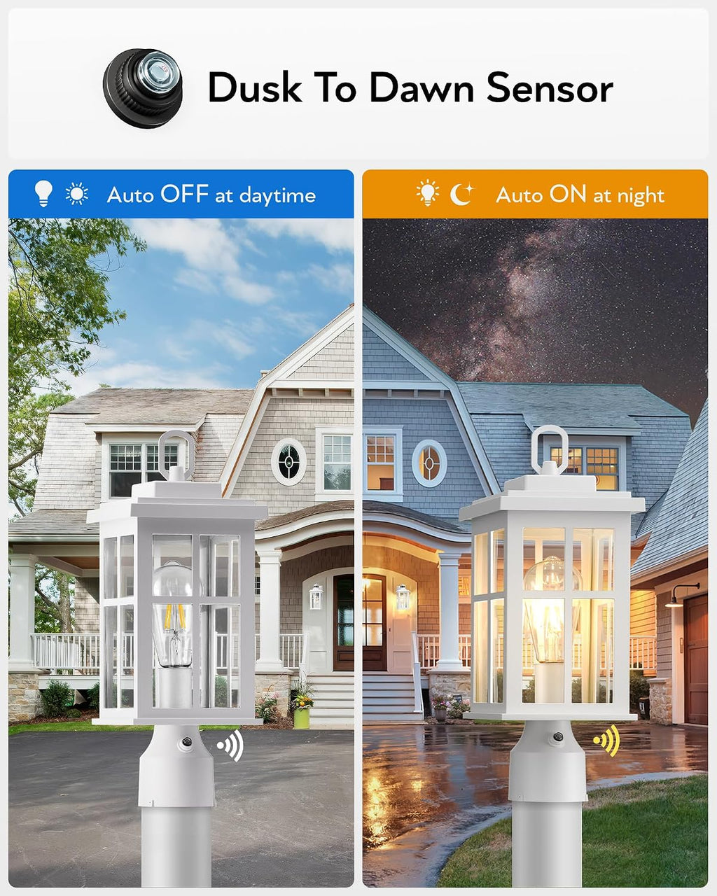Dusk to Dawn Outdoor Post Lights, White Post Lights Outdoor with Pier Mount Base, Waterproof Lamp Posts Outdoor Lighting with Tempered Glass for Garden, Porch(Hardwired 120V, Not Solar)
