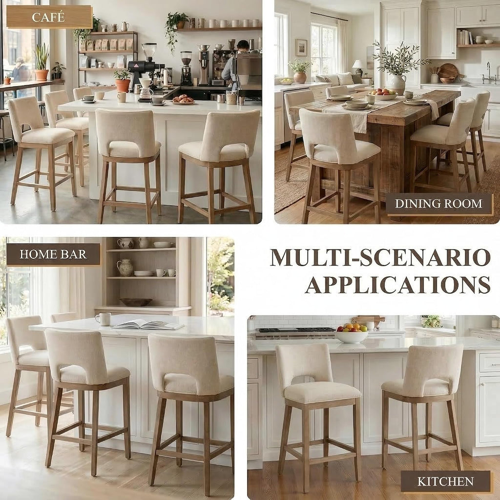 Farmhouse Bar Stools Set of 4, 26" Counter Height Barstools, Linen Upholstered Barstools with Open Back for Kitchen Island/Breakfast Bar/Home Pub, Beige