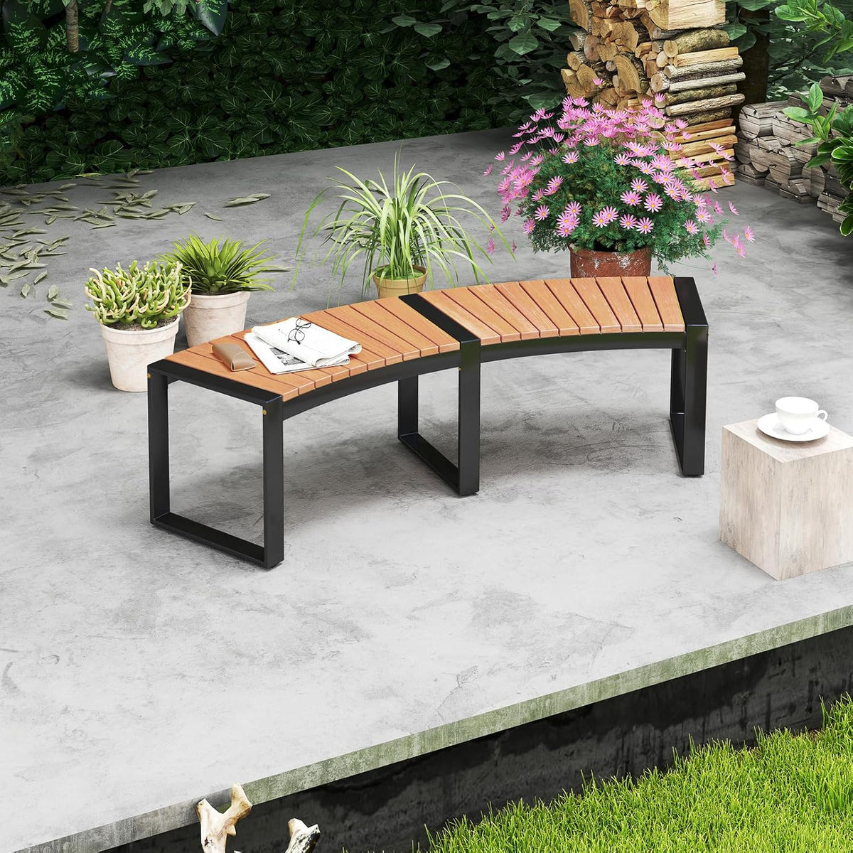 Tangkula Patio Curved Bench, Acacia Wood Fire Pit Bench w/Slatted Seat & Metal Legs, Outdoor Backless 2-Person Seating for Yard, Garden, Porch, 800 LBS Max Load, Oil Painted