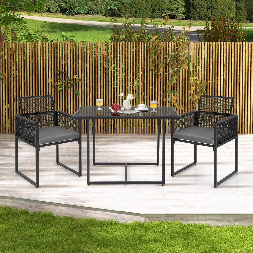 DORTALA Wicker Outdoor Bistro Set 3 Piece, Small Patio Furniture Dining Set with with Cushions, Tempered Glass Tabletop, All- Weather Table and Chairs for Backyard, Balcony, Poolside, Black+Grey