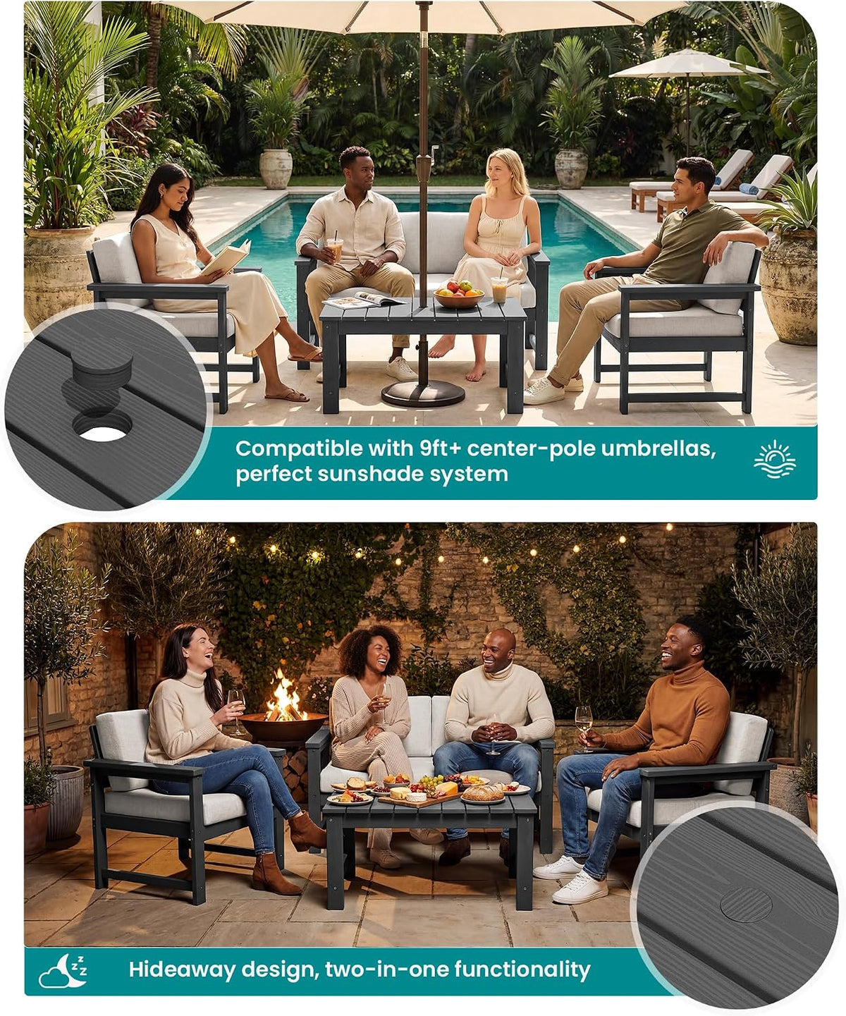 SERWALL 5 Pieces HDPE Outdoor Conversation Sofa Set with Cushion