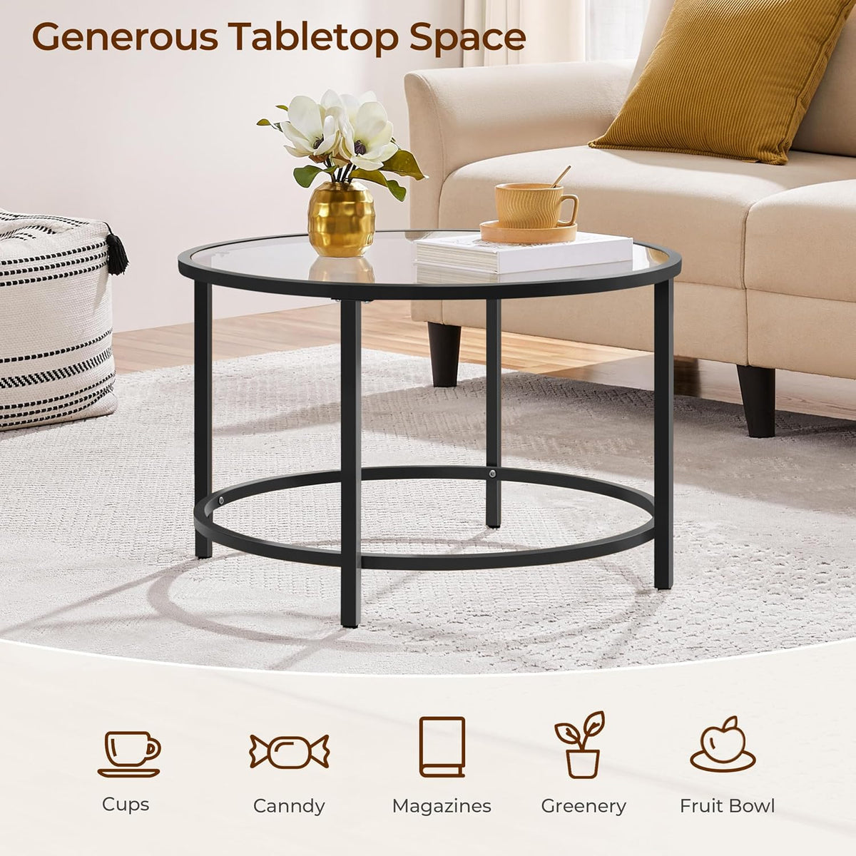 Yaheetech 27.6" Black Round Glass Coffee Table for Living Room, Metal Frame