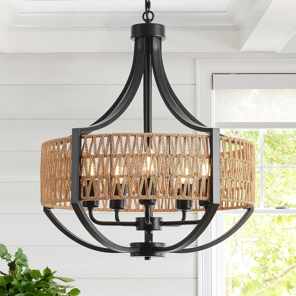 20" Rattan Chandelier, 5-Light Black Farmhouse Pendant Light
