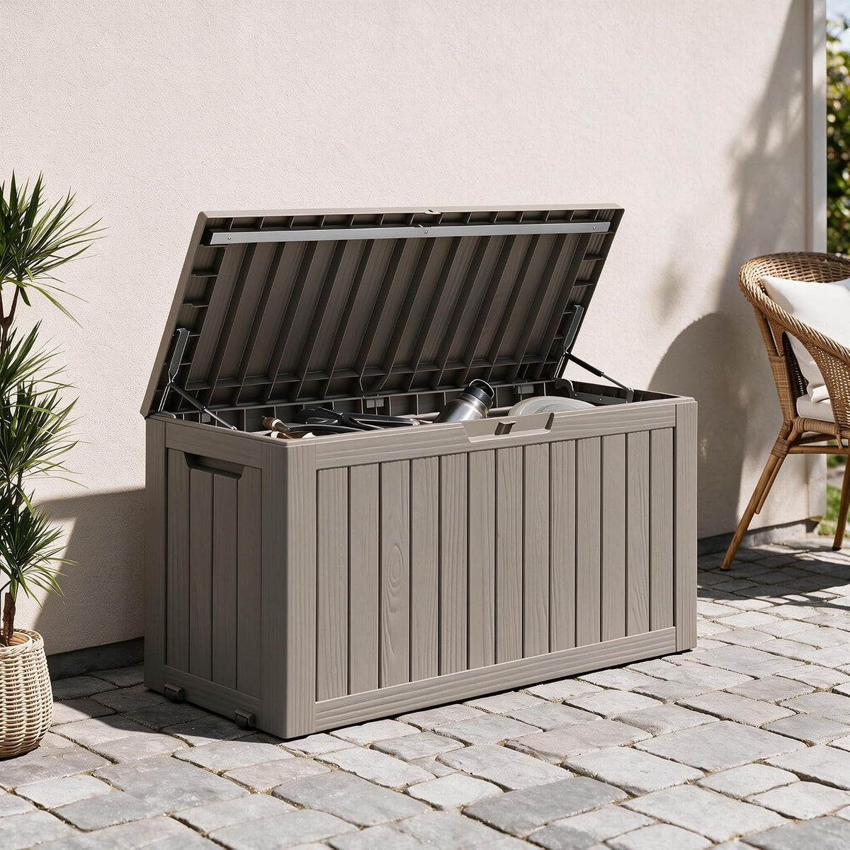 91 Gal Deck Box,Waterproof Resin Outdoor Storage Gas Lift,Lockable Grey