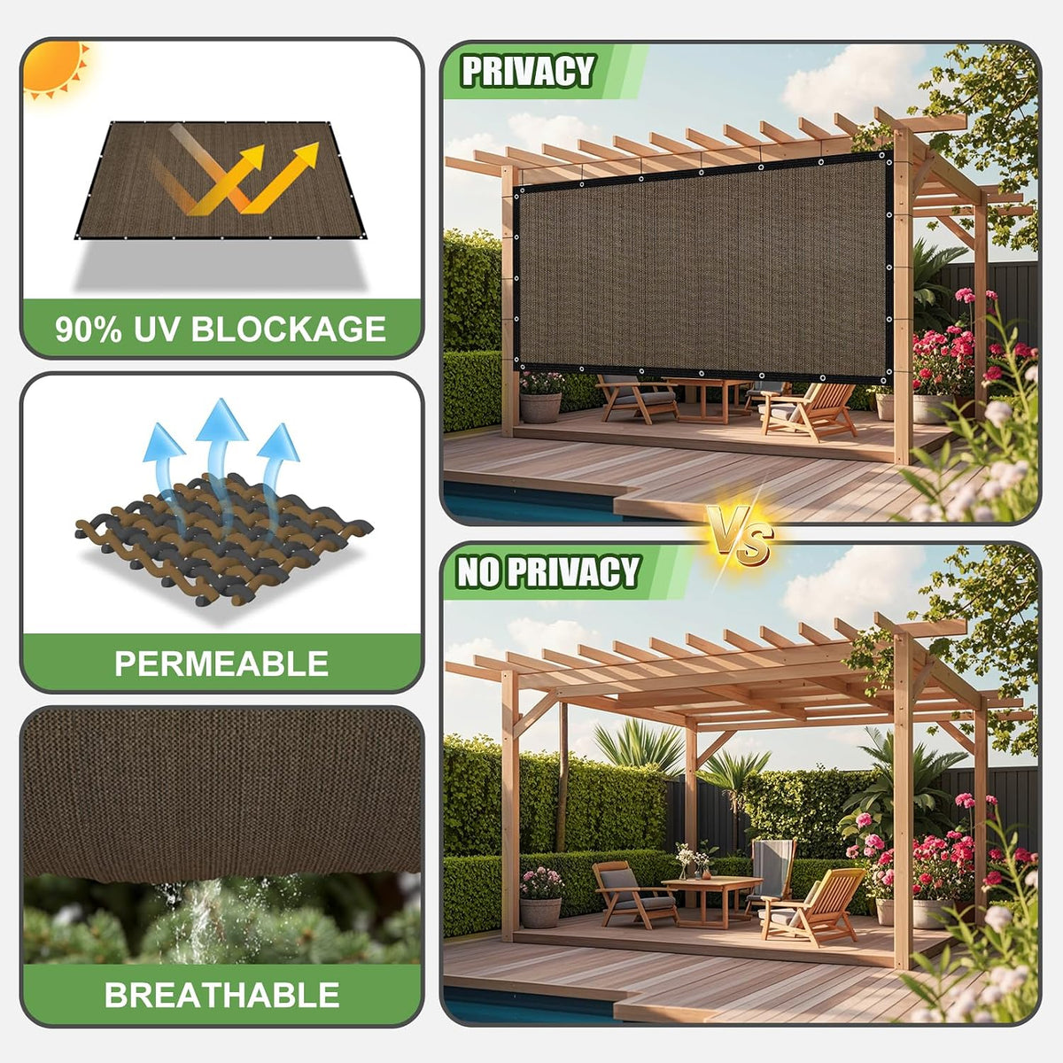 90% Outdoor Sun Shade Cloth, 6'×10' Pergola Shade Cover with Grommets, Privacy Screen Sunshades for Patio Garden Backyard Plant, Mocha