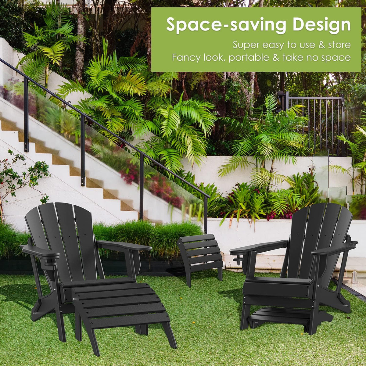 GREENVINES Adirondack Ottoman Set of 2, HDPE Plastic, Black