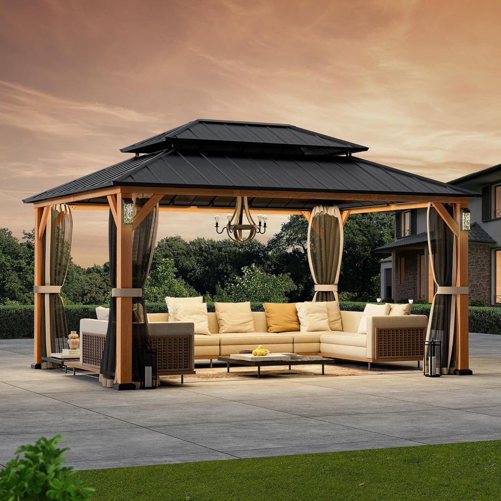 Modern Shade Hardtop Gazebo 12x16 with 4 LED Lights for Backyard Wood Grain