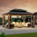 Modern Shade Hardtop Gazebo 12x16 with 4 LED Lights for Backyard Wood Grain