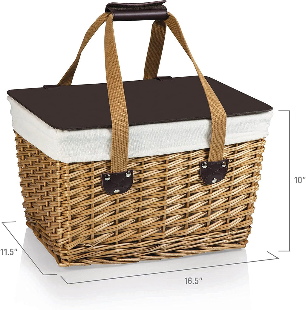 PICNIC TIME Canasta Wicker Picnic Basket, Classic Small Wicker Basket for 2 with Handwoven Willow Design, Removable and Customizable Lid Table, (Beige Canvas with Brown Lid)
