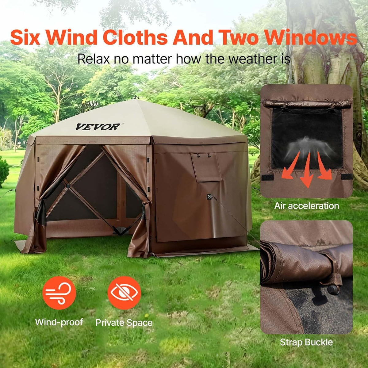 VEVOR Camping Gazebo Screen Tent, 12x12ft, Brown/Beige