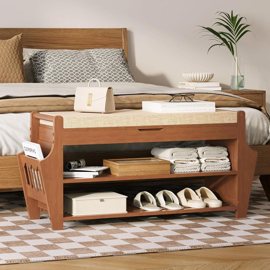 Shoe Bench 34.3in, Bamboo 3-Tier Entryway Bench with Storage, Shoe Rack
