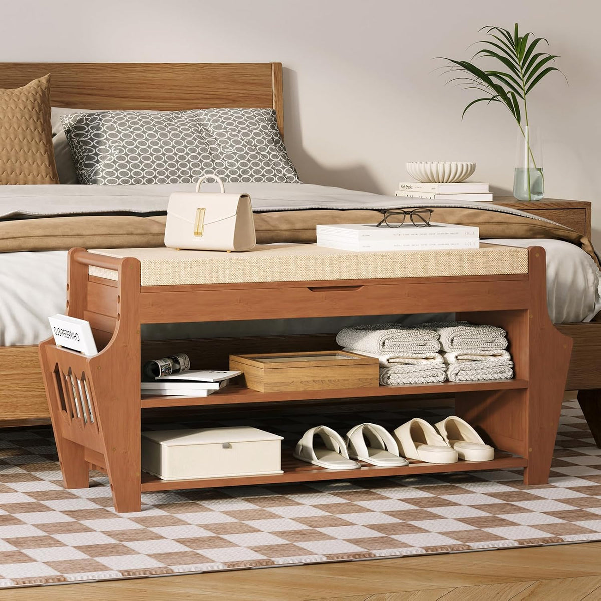 Shoe Bench 34.3in, Bamboo 3-Tier Entryway Bench with Storage, Shoe Rack