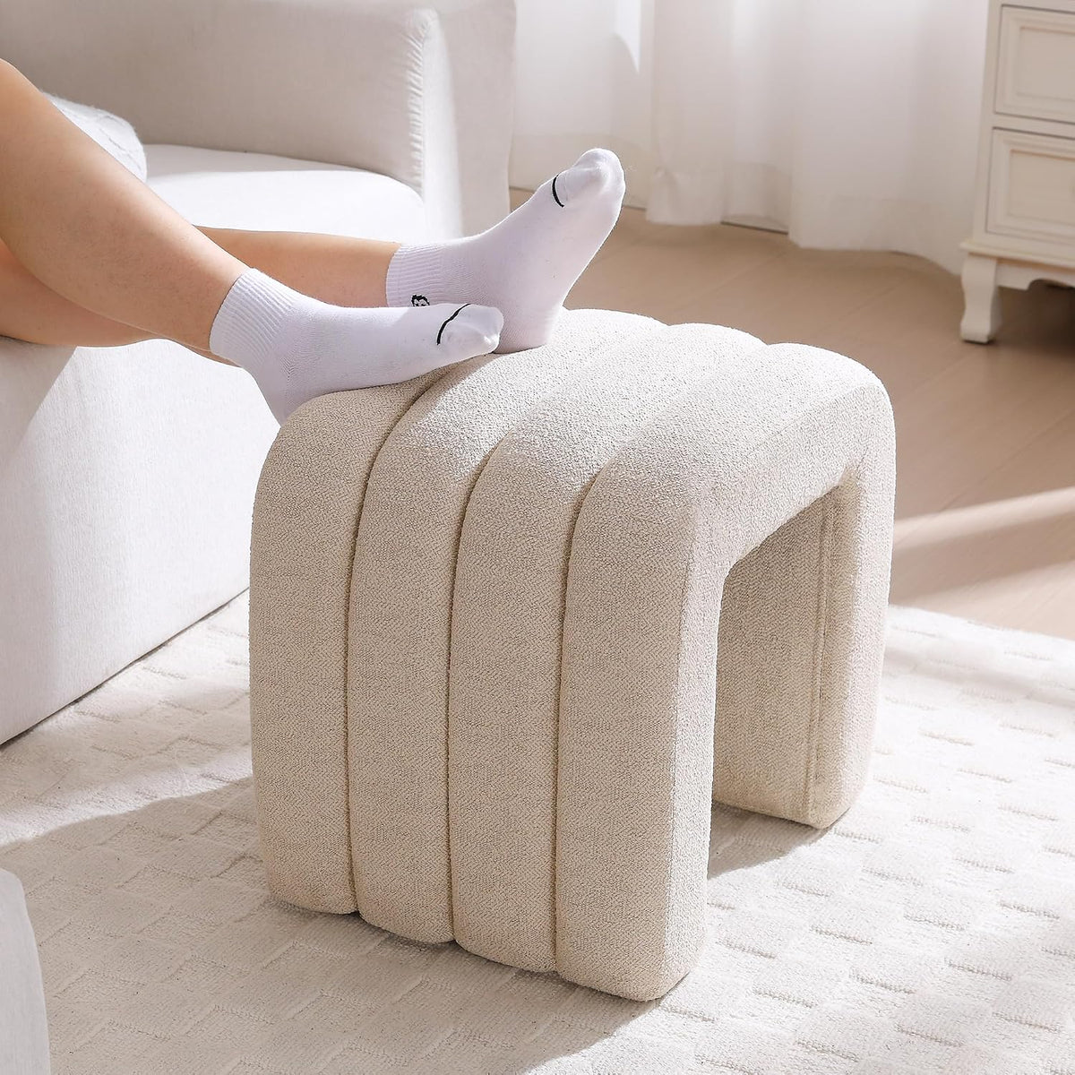 Beige Linen Ottoman Stool, Small Vanity Stool