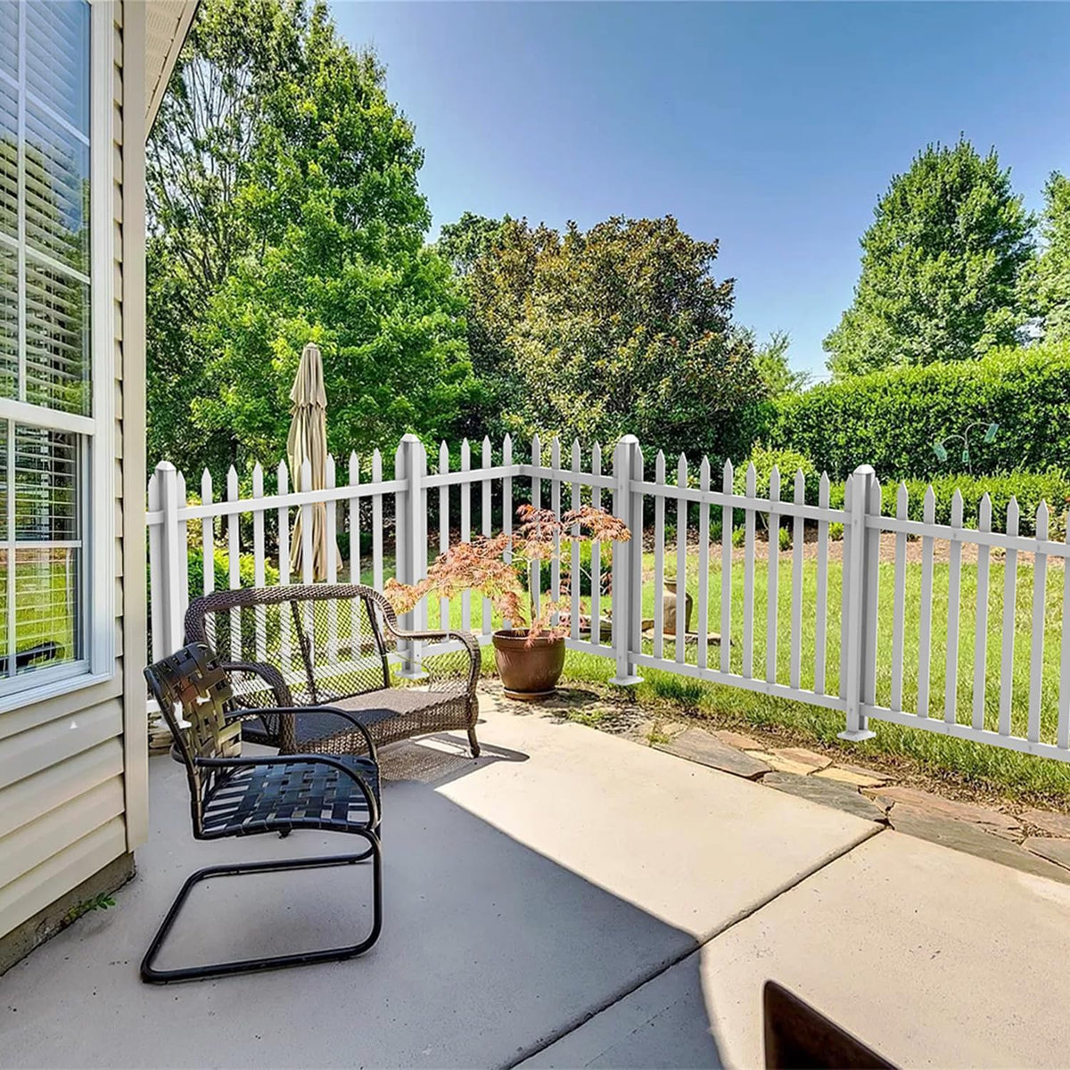 1 Set Vinyl Picket Fence Panels White 84''Wx36''H PVC Decorative Fencing Barrier for Outdoor Porch Patio Backyard Garden Pool with 20 Pickets Straight