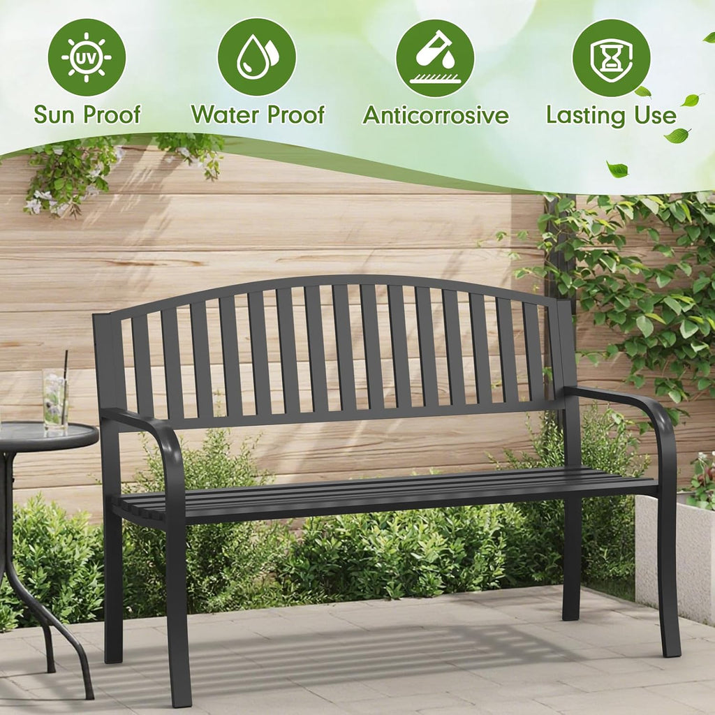 50" Outdoor Bench, Heavy-Duty Metal Frame Graden Bench, Weatherproof Patio Park Bench for Front Porch, Park, Yard, Patio