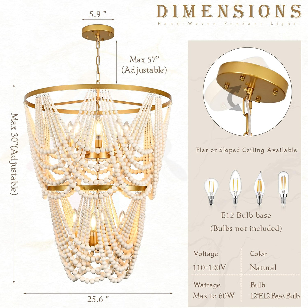 12-Light 25.6" Boho Wood Beaded Chandelier for Living Room, H88 Adjustable 2-Tier Gold Large Boho Chandelier for Entryway, Dimmable Coastal Chandeliers for Bedroom Foyer Staircase