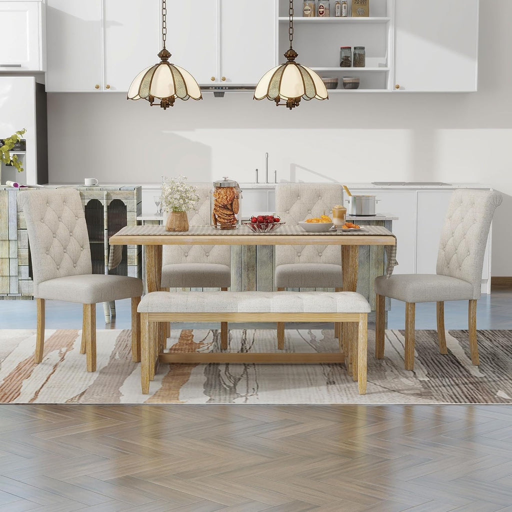 Merax 6-Piece Solid Wood Dining Table Set for 6, Wood Rectangular Kitchen Table Set with 4 Upholstered Chairs & 1 Bench for Dining Room & Kitchen, Natural Wood Wash