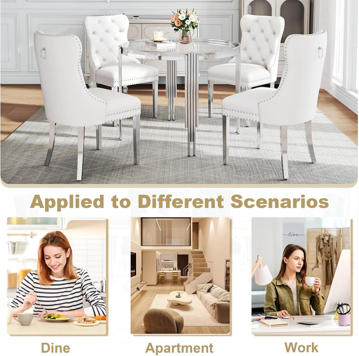 Luxury Round Glass Silver Dining Table Set for 4, 5-Piece Modern Kitchen Table Set with 4 White Velvet Chairs for Kitchen Dining Room Apartment