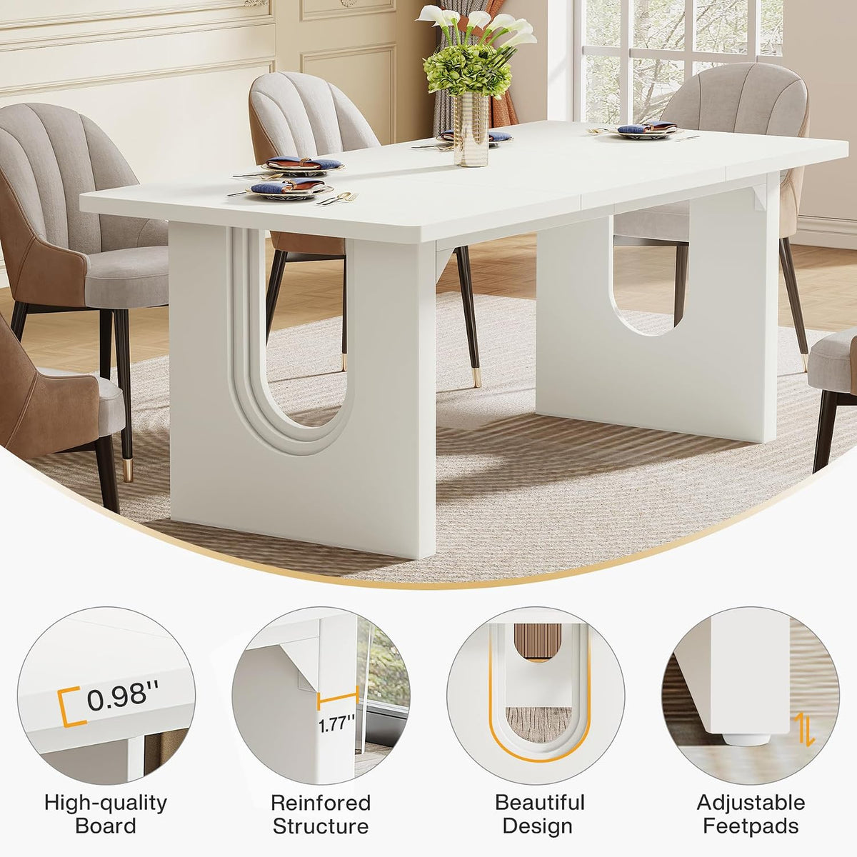 Tribesigns Modern Dining Table for 6 to 8 People, 71" Large Kitchen Dining Table with Wood Pedestal Base, Rectangular Long Dinner Table for Kitchen, Dining Room, Living Room, White