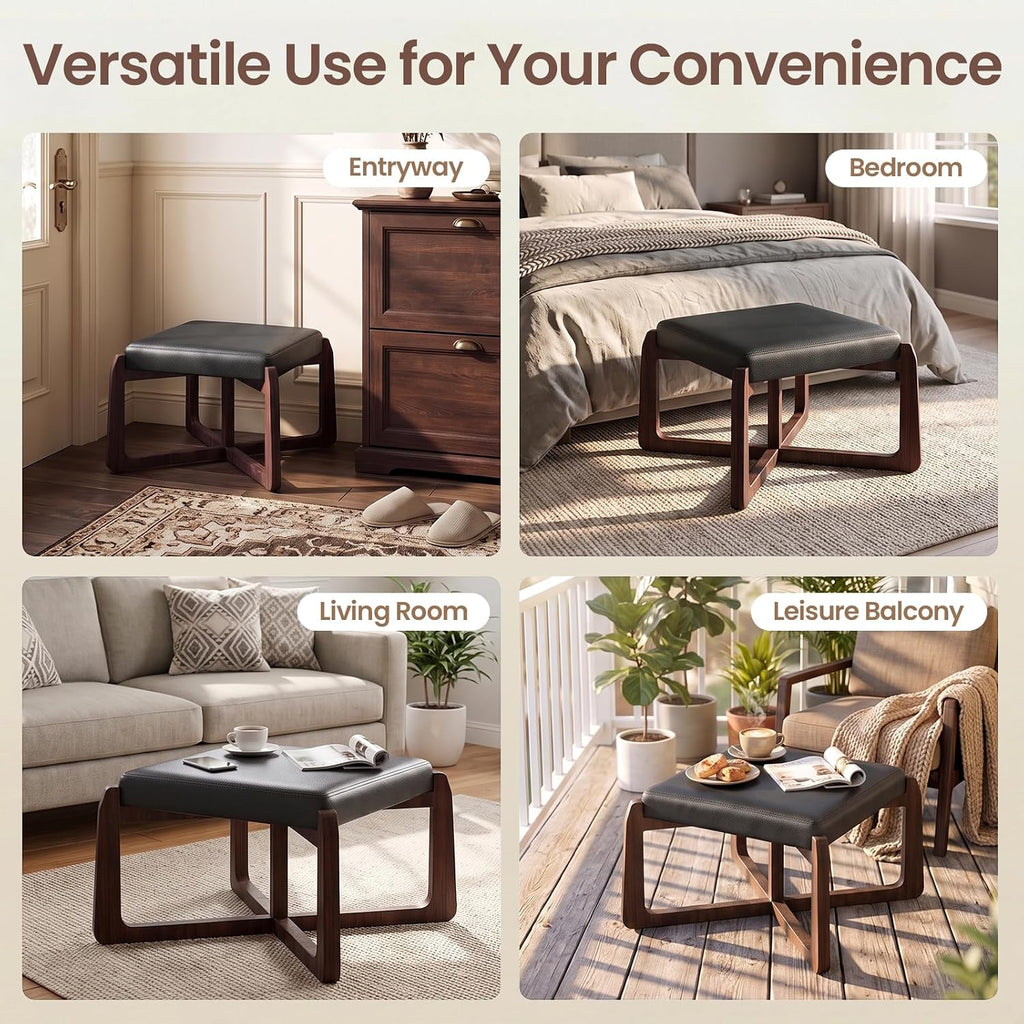 Faux Leather Square Coffee Table Ottoman,24" Coffee Table for Living Room Ottoman,Ash Wood Living Room Table (Black)
