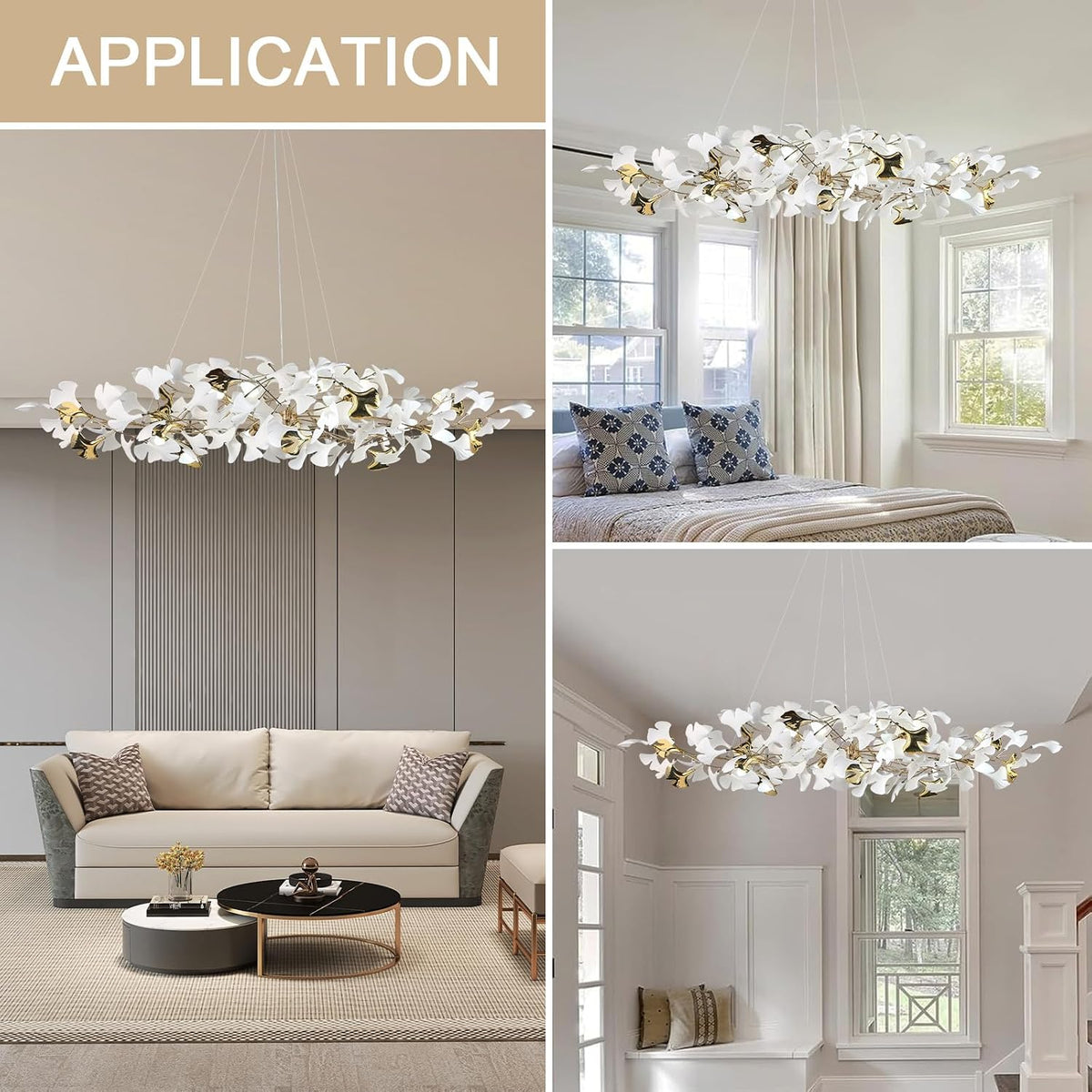 59 Inch White Rectangle Chandelier Gold Ceramic Ginkgo Leaf Chandeliers Brass Large Chandelier Modern Hanging Lights Fixture for Living Room Dining Room Kitchen Island,10-Light