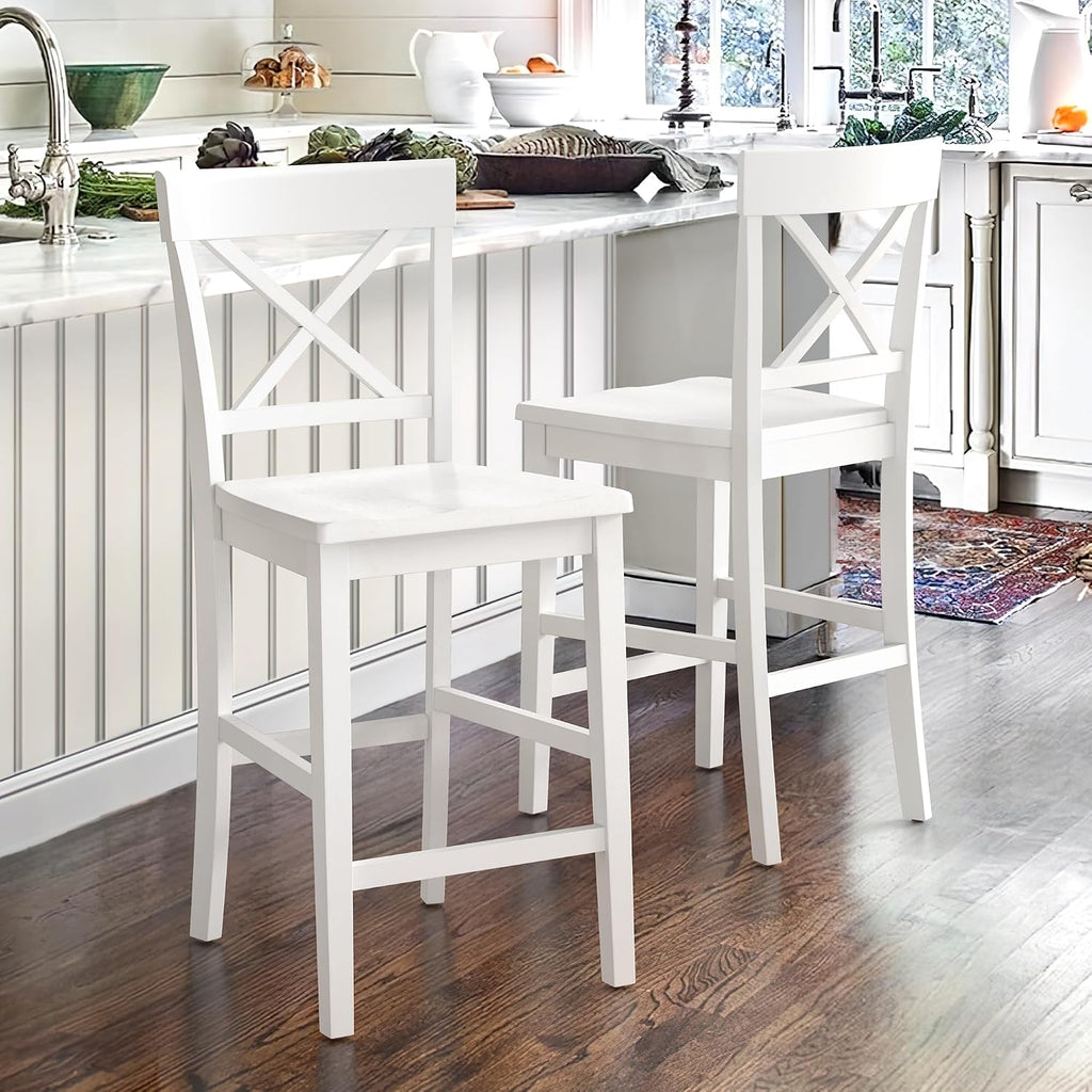 Cozyman Bar Stools Set of 2, 24" Wooden Barstools with X Back, White
