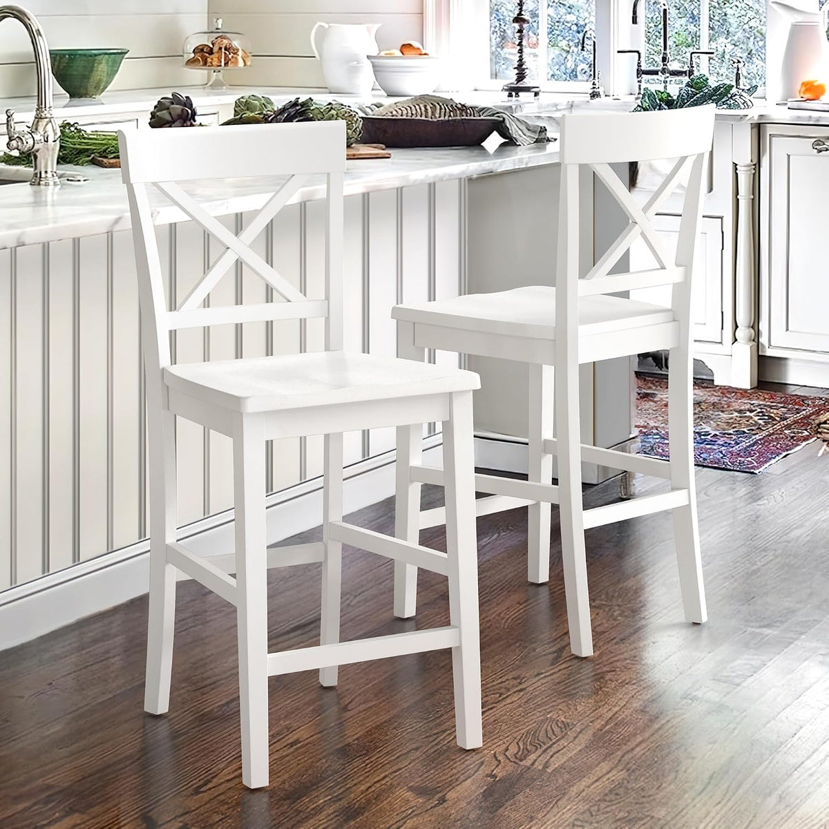 Cozyman Bar Stools Set of 2, 24" Wooden Barstools with X Back, White