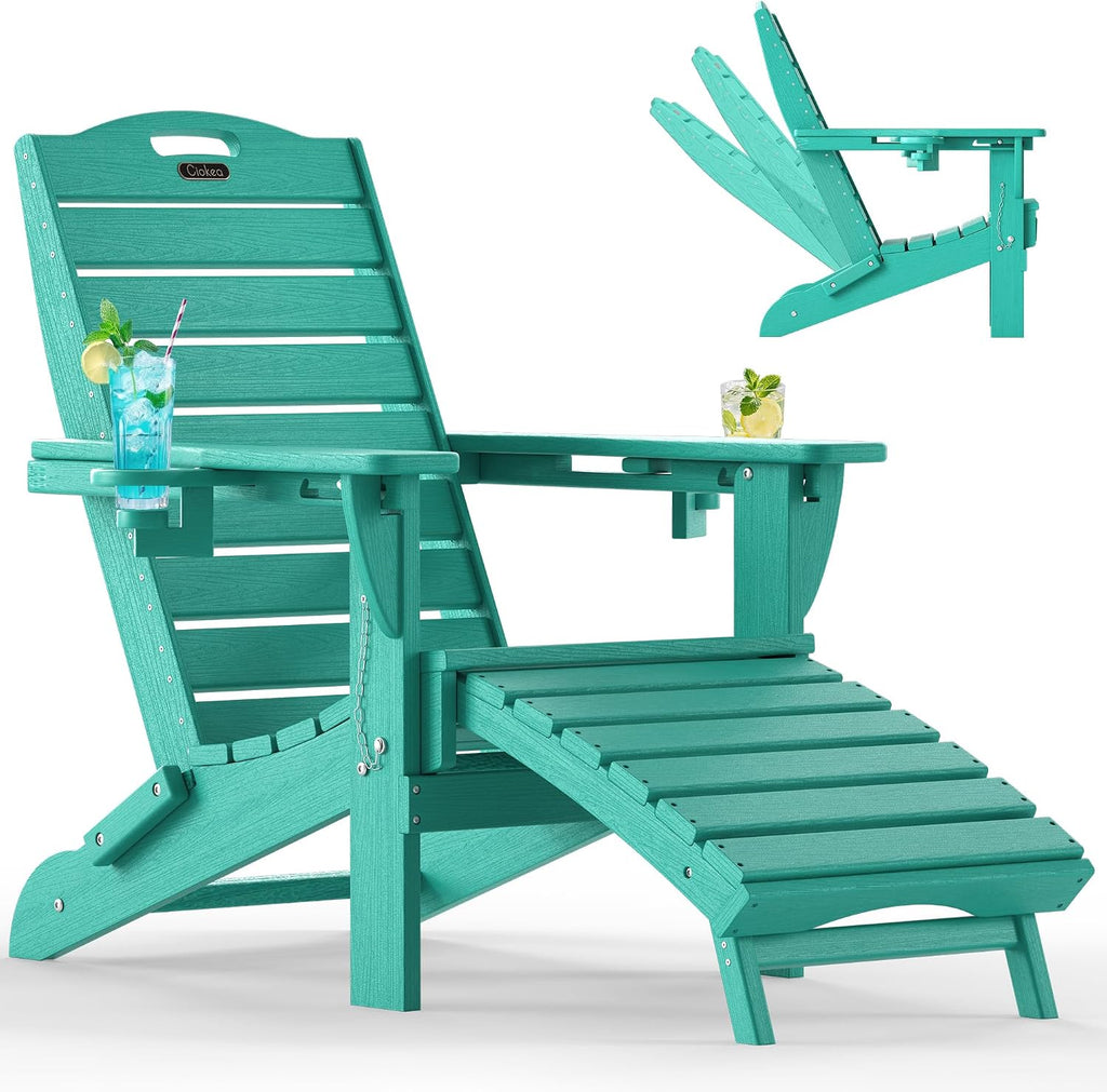 Ciokea HDPE Folding Adirondack Chair with Footrest,Lake Blue,1