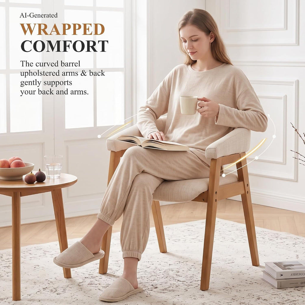 CIMOTA Modern Barrel Dining Chairs with Arms Set of 6, Upholstered Fabric Kitchen & Dining Room Chairs with Open Back/Solid Wooden Base, Comfy Side Chairs, Linen Beige