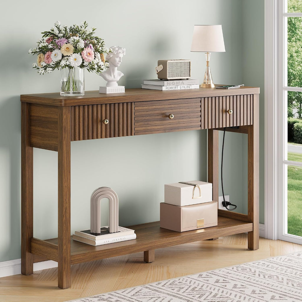 Decofy 47'' Fluted Console Table with Charging Station & 3 Drawers, Walnut