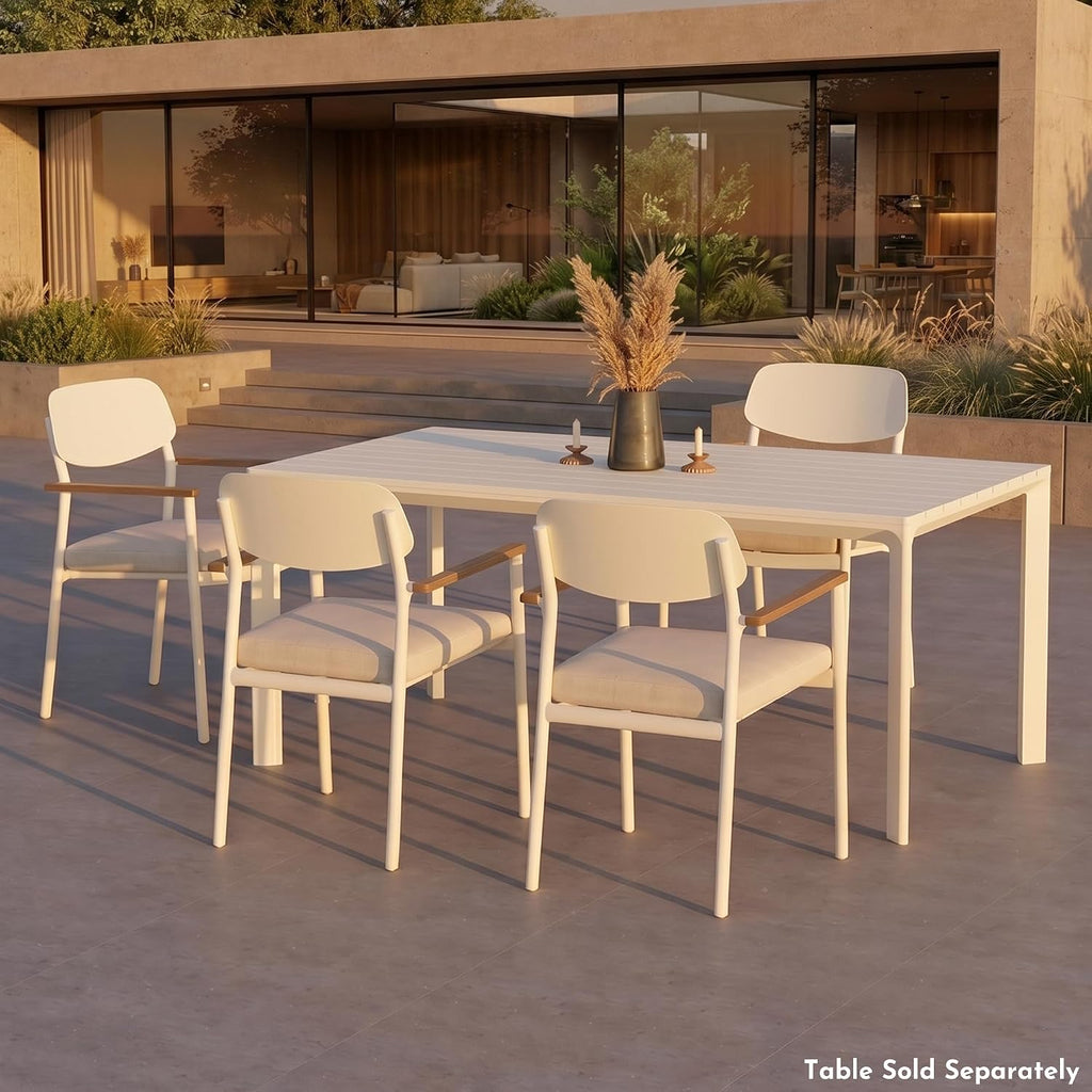 Modern Shade Luxury Outdoor Dining Chairs Set of 4, Fade Resistant, All-Aluminum Outdoor Chairs with FSC Teak Wood Armrests, Weather-Resistant Patio Chair with Quick Dry Cushion, White