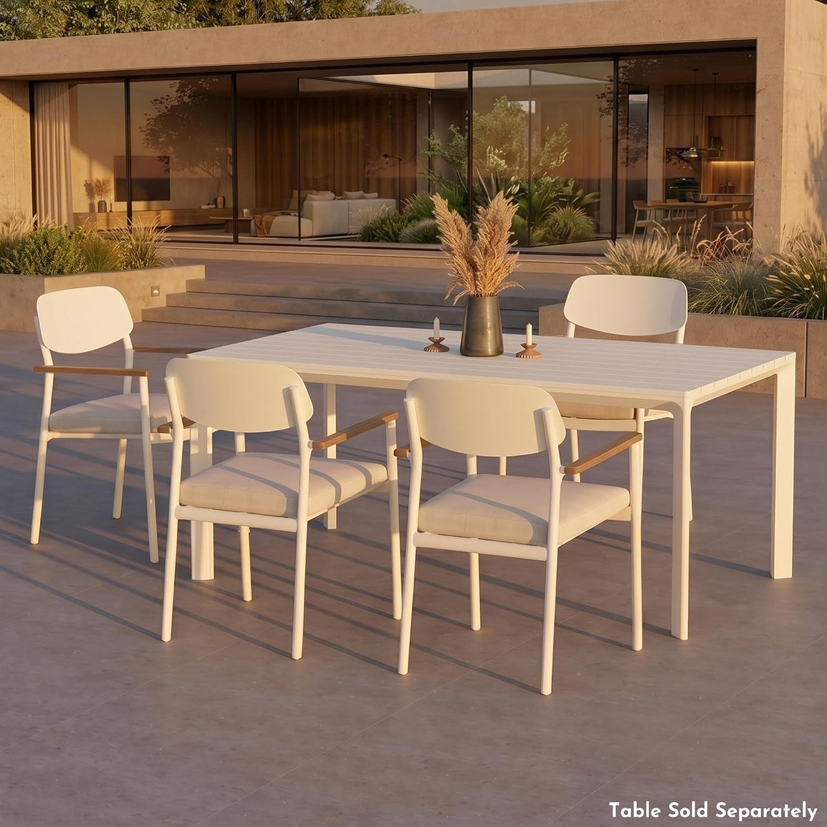 Modern Shade Luxury Outdoor Dining Chairs Set of 4, Fade Resistant, All-Aluminum Outdoor Chairs with FSC Teak Wood Armrests, Weather-Resistant Patio Chair with Quick Dry Cushion, White