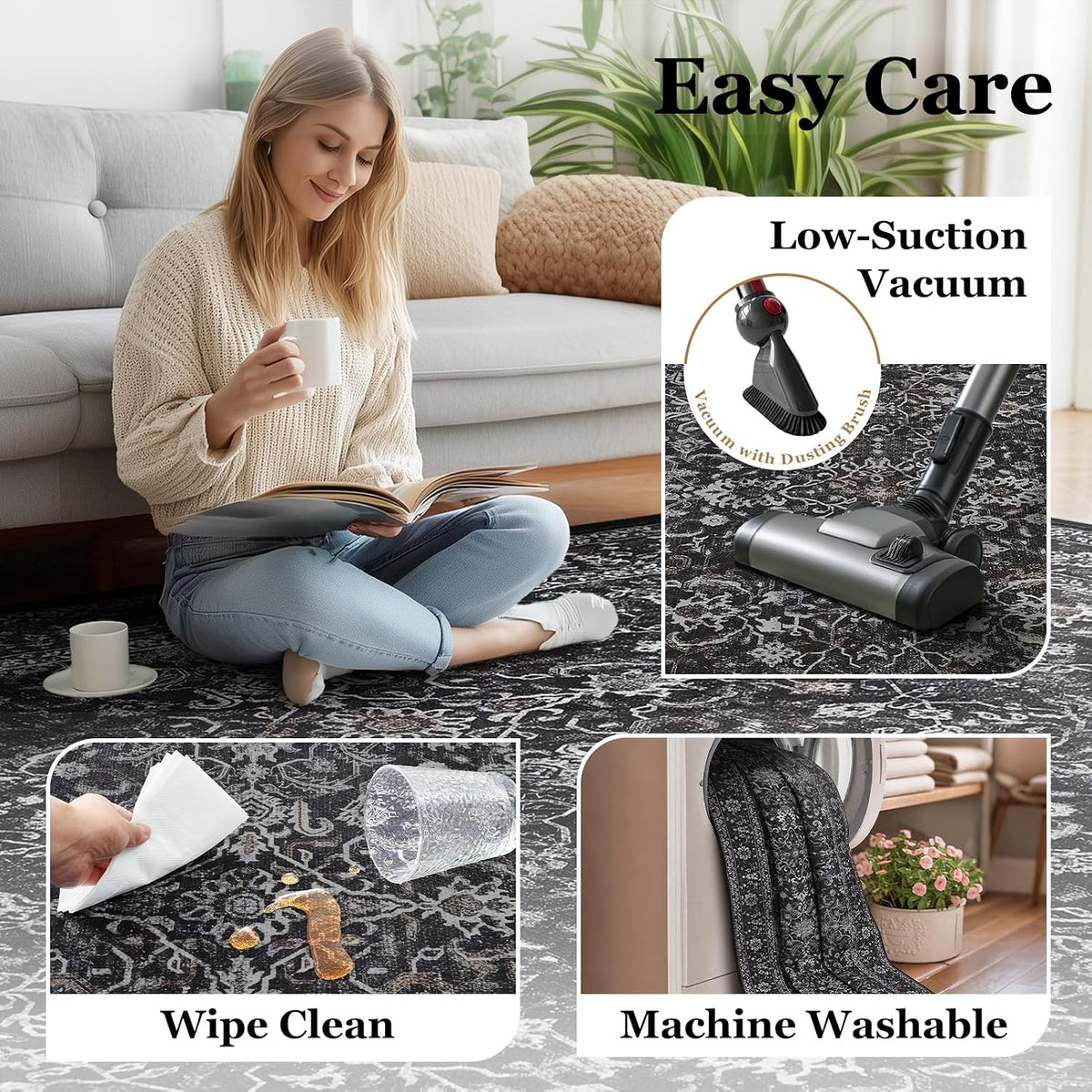 Washable Dark 5x8 Area Rugs, Vintage Farmhouse Earth Tone Carpet for Living Room Bedroom, Low Pile Thin Rug with Non Slip Rubber Backing for Dining Room Kitchen Home Office