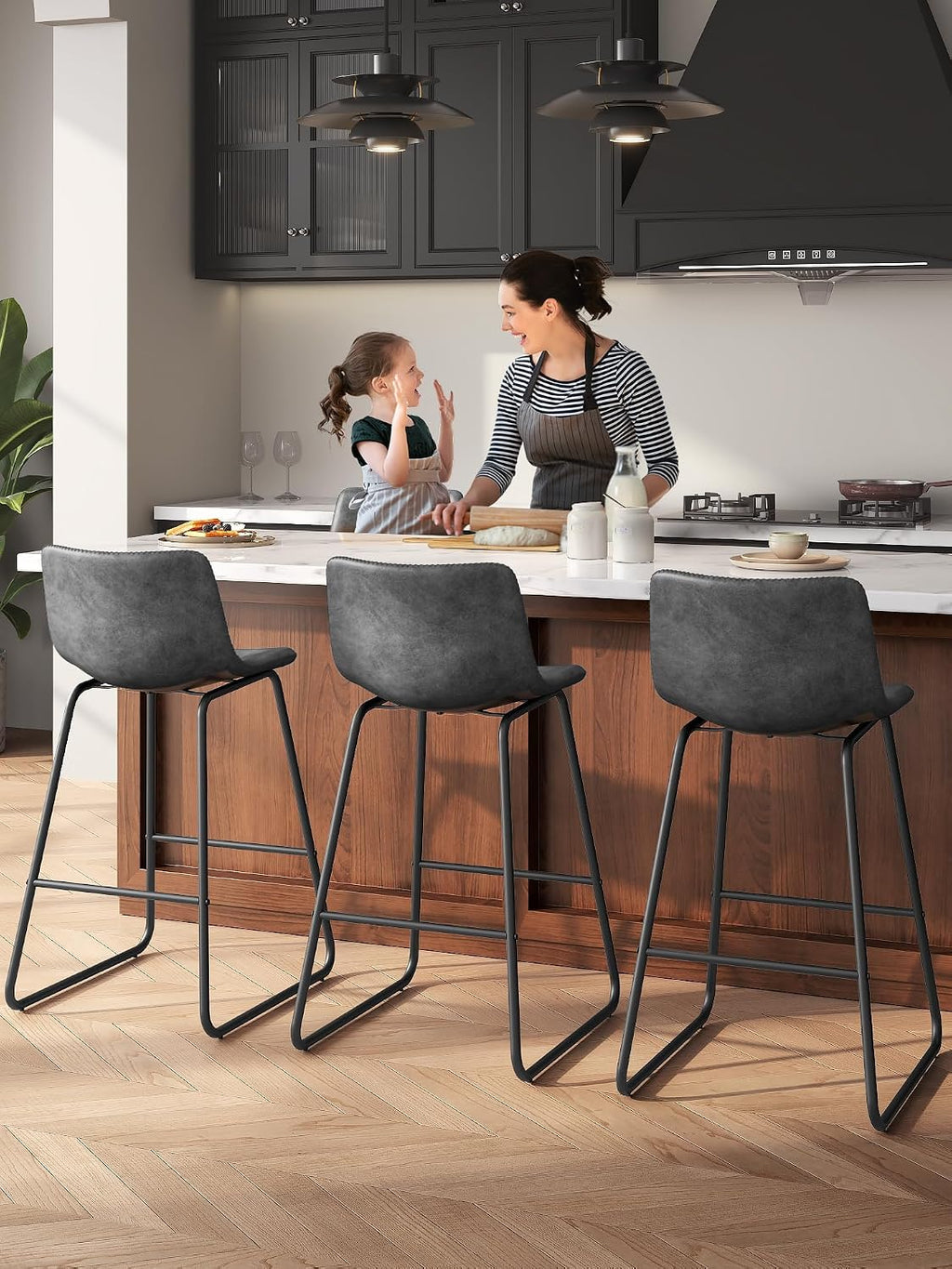 26in Bar Stools Counter Height Chairs Set of 3 Metal Legs (Gray)
