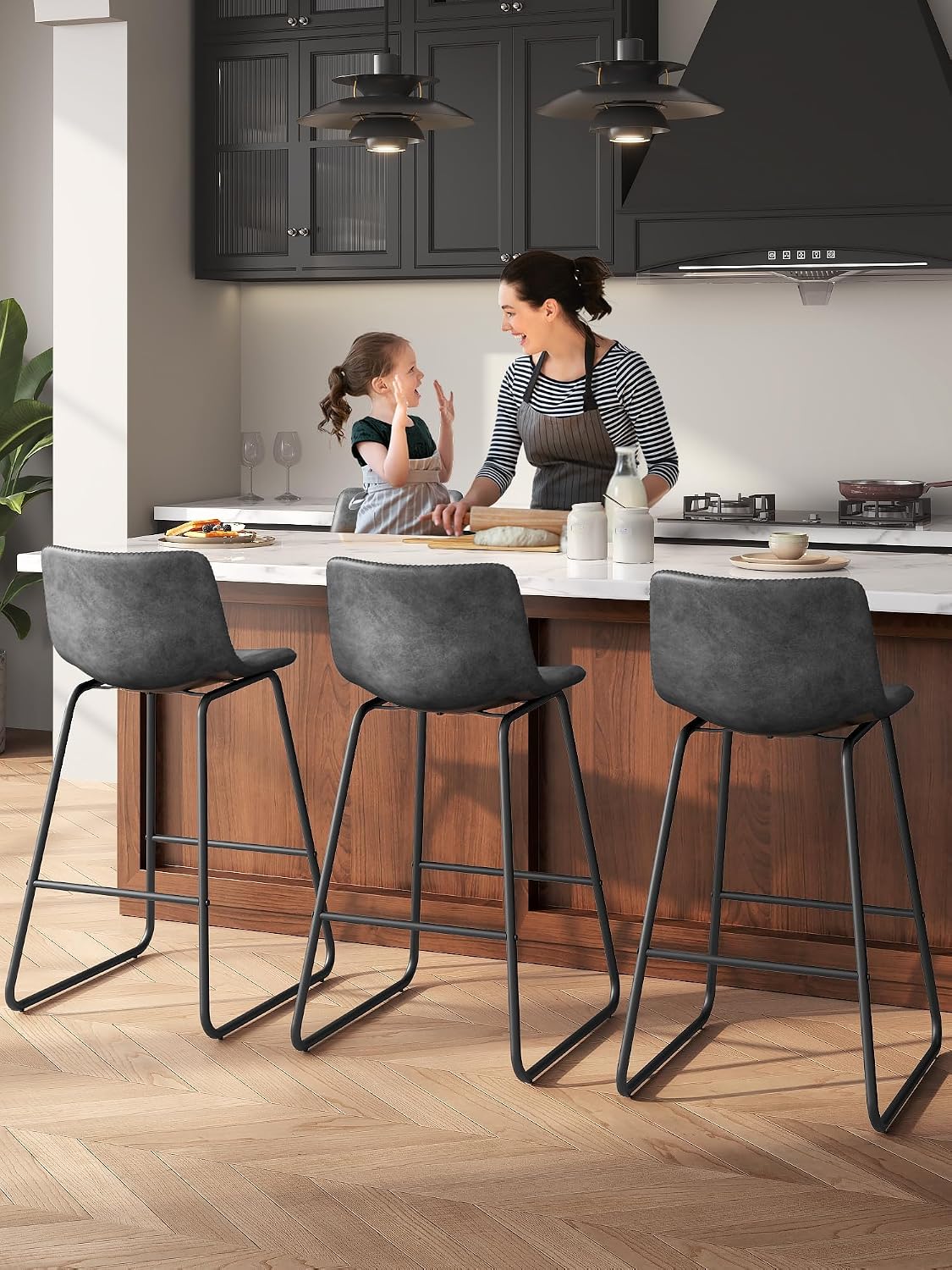 26in Bar Stools Counter Height Chairs Set of 3 Metal Legs (Gray)