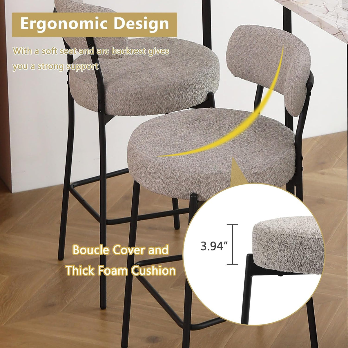 DYHOME Bar Stools Set of 4,Gray 28 Inch Counter Height Bar Stools with Back, Upholstered Boucle Barstools,Mid-Century Modern Bar Chairs for Kitchen Island, Dining Room,Living Room