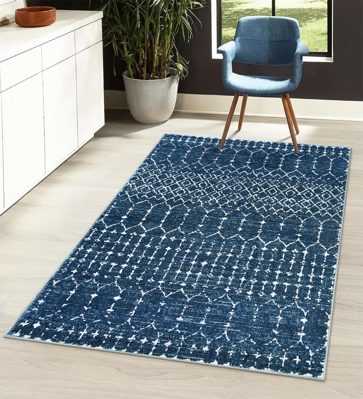 Lahome Moroccan Blue 3x5 Non-Slip Washable Soft Rug for Bedroom Floor Throw, Geometric Print Distressed Indoor Modern Rug for Entryway, Dining Room, Bathroom Hana