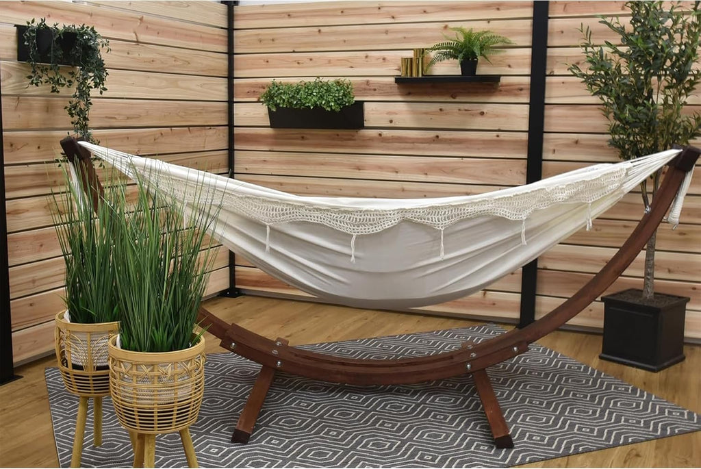Vivere Double Cotton Hammock with Solid Pine Arc Stand - 450 lb Capacity, Durable FSC Wood Frame, Includes Hardware & User Guide - 450 lb Weight Capacity