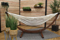 Vivere Double Cotton Hammock with Solid Pine Arc Stand - 450 lb Capacity, Durable FSC Wood Frame, Includes Hardware & User Guide - 450 lb Weight Capacity