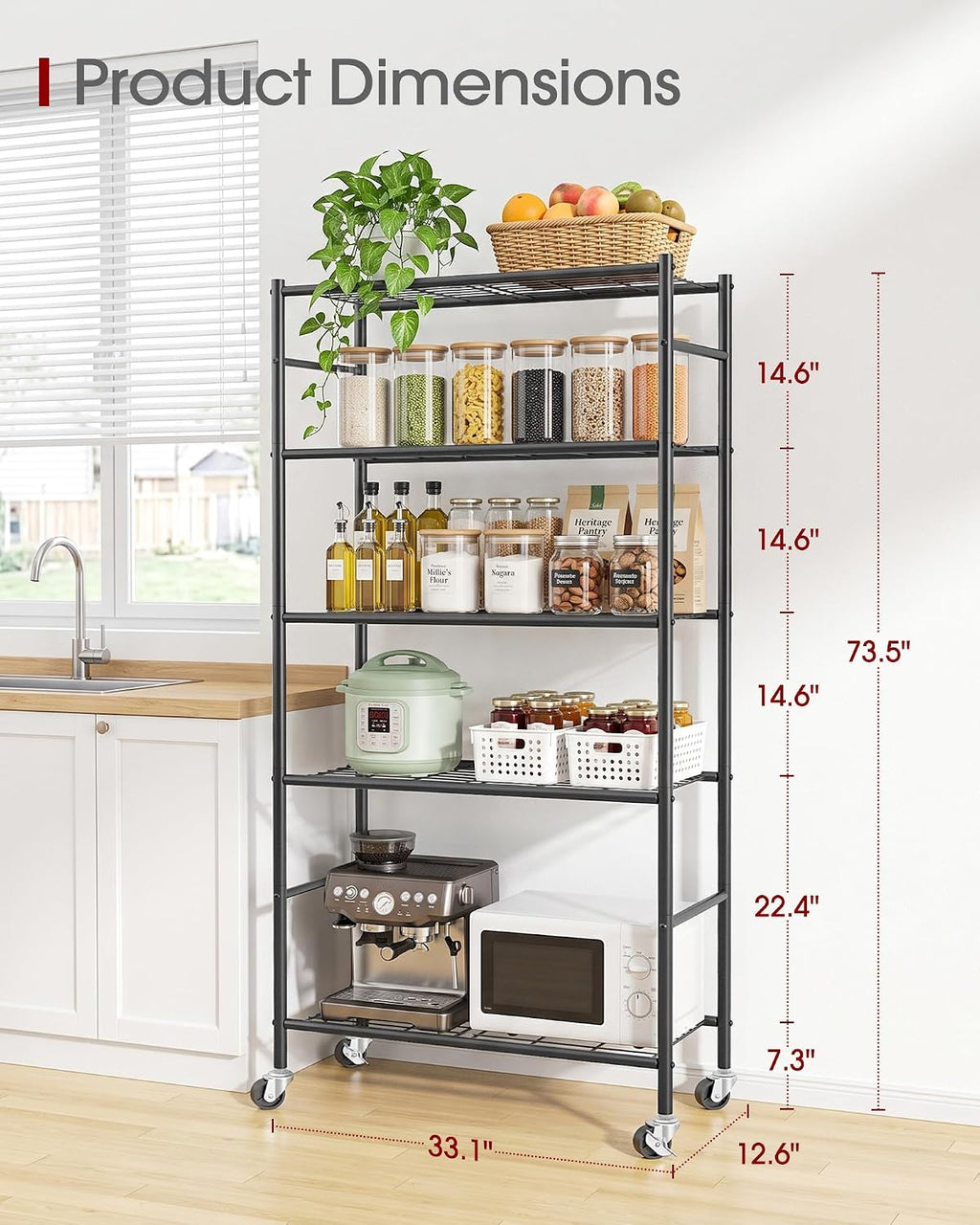Sakugi 5-Tier Storage Shelves 33.1" x12.6" x73.5" Black with Wheels