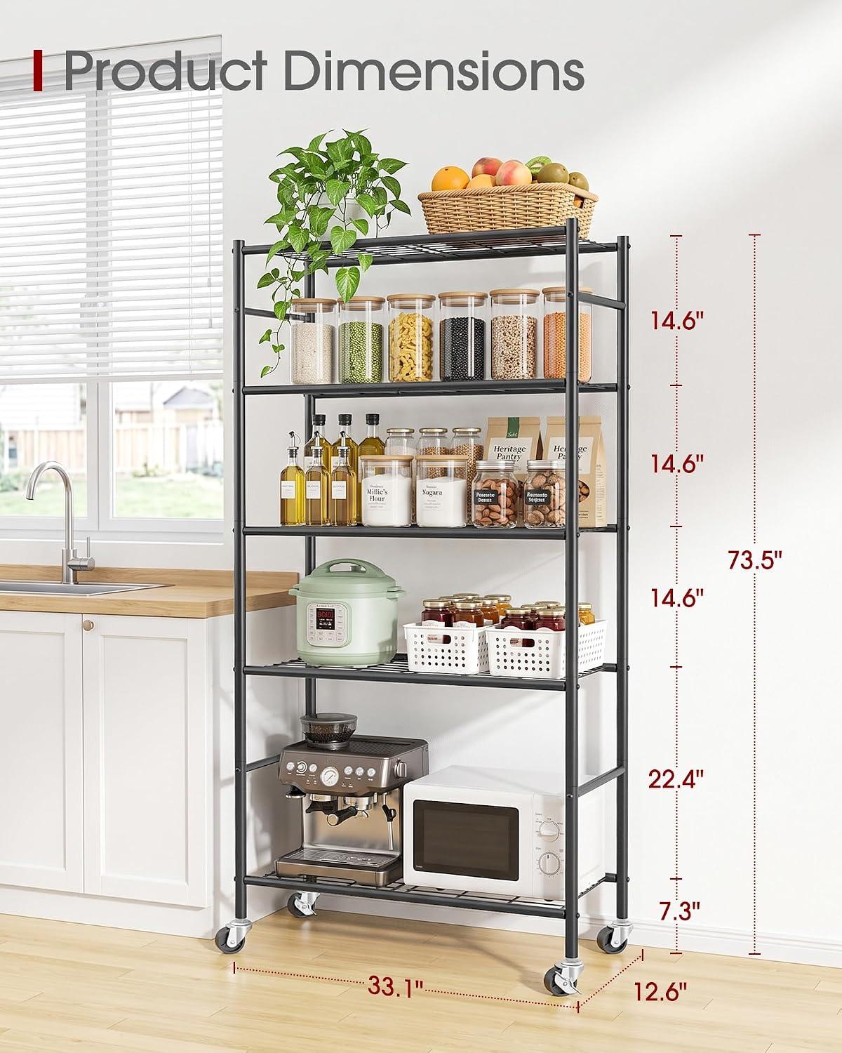 Sakugi 5-Tier Storage Shelves 33.1" x12.6" x73.5" Black with Wheels