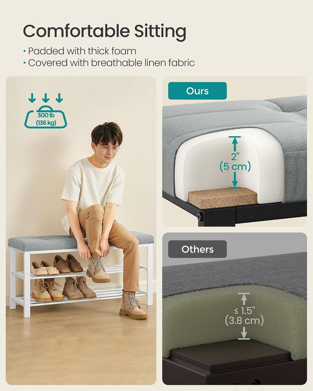 SONGMICS Shoe Bench, Storage Bench, Entryway Bench with Cushion