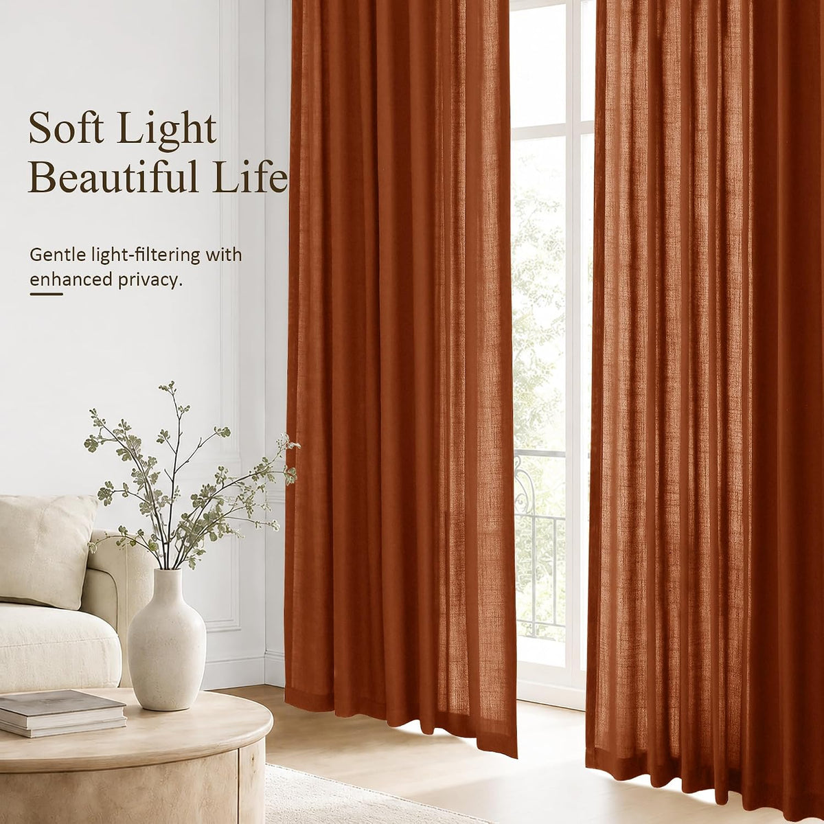 Jowels Terracotta Linen Curtains 102 Inches Long 2 Panels for Living Room