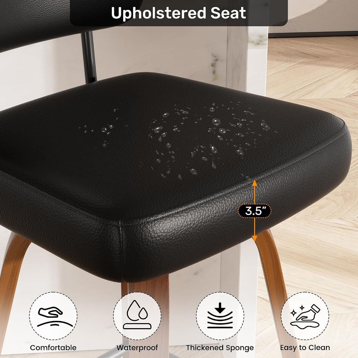 Swivel Bar Stools Set of 4, 26" Upholstered Faux Leather Counter Height Barstools with Walnut Back & Bentwood Legs, Mid Century Modern Bar Chairs Island Stools for Kitchen Counter, Black