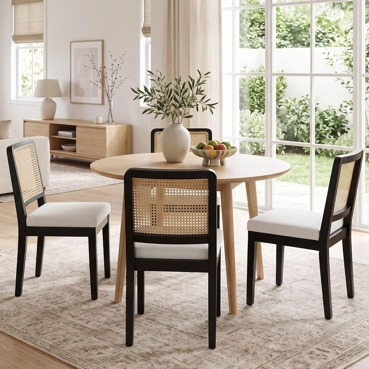 HNY Modern Farmhouse Rattan Dining Chairs Set of 6, Beige Linen Upholstered Dining Room Chair with Cane Back Mid Century Black Wooden Kitchen Chairs, Boho Accent Wicker Woven Chairs for Living Room
